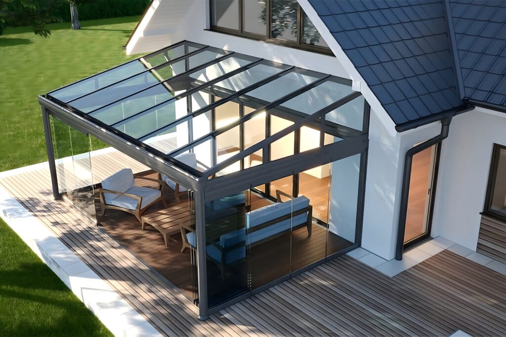 Cam Çatı Sistemleri- SkyArt Shading- Uzaktan bir görünüş sabit cam çatı çizimi